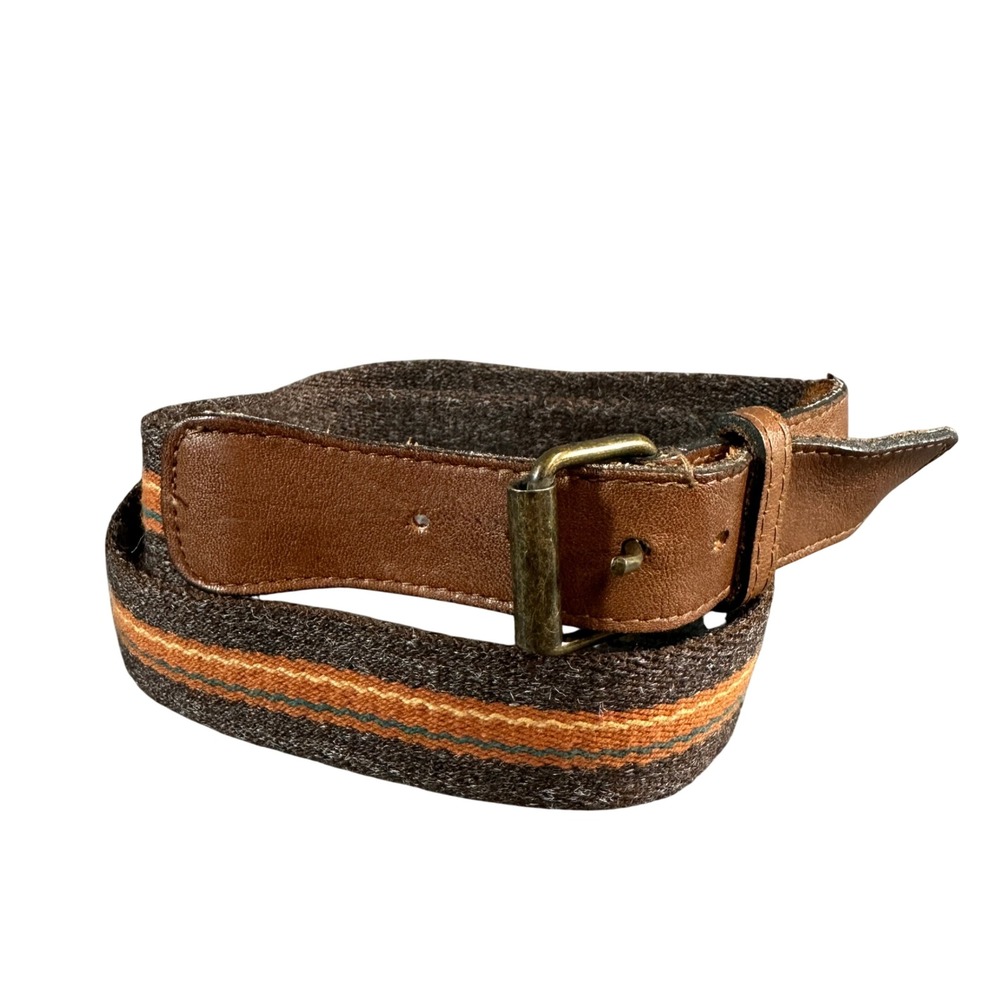 Vintage Woven Wool Striped Belt Brown Leather Brass Roller Buckle 32